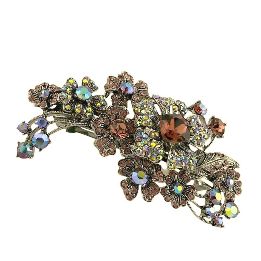 Kirks Folly Hair Barrette Silver Floral Crystal Rhinestone Fairycore Vintage
